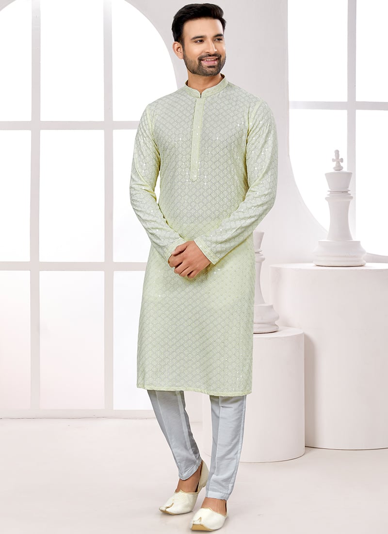 Cream Rayon Lucknowi Thread Sequins Embroidered Kurta Pyjama Festive Wear