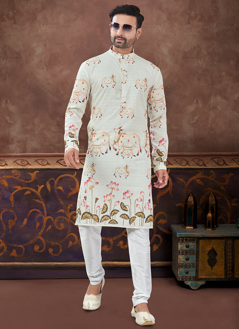 Cream Rayon Thread Digital Print Kurta Pyjama Festive Wear