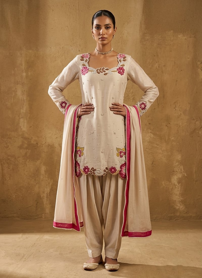 Cream Resham Hand Embroidered Pearl Work Satin Salwar Suit Festive Wear