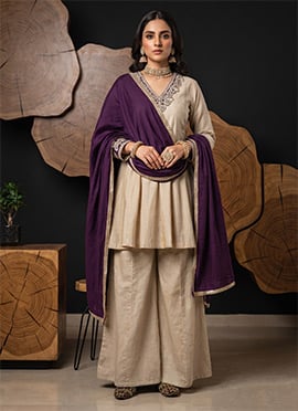 Cream Roman Silk Embroidered Palazzo Suit