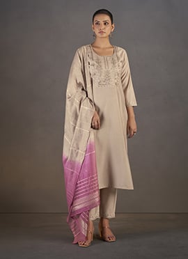 Cream Roman Silk Embroidered Sequins Straight Pant Suit