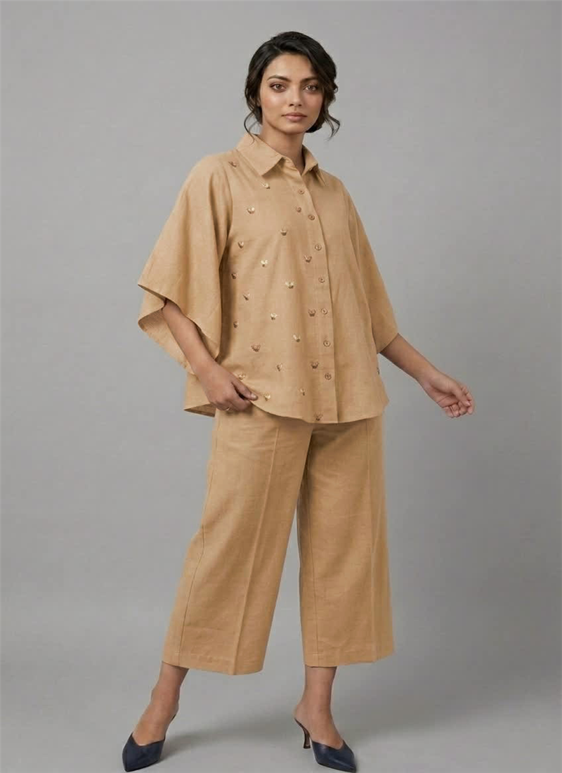 Cream Sand Gleam Rayon Cotton Co Ord Set After Six Wear