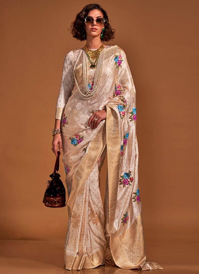 Cream Satin Blend Handloom Zari Woven Digital Print Regal Saree Festive Wear-SASGF360006