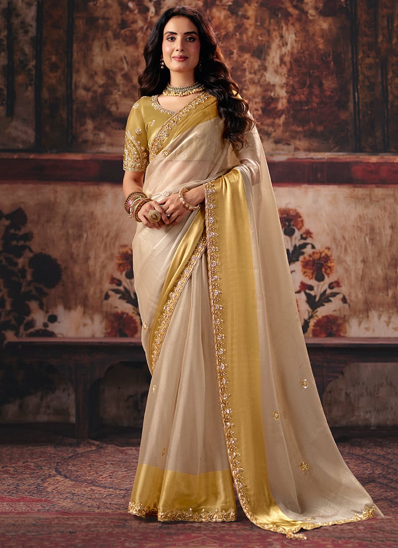 Cream Satin Blend Zari Sequins Beads Embroidered Saree After Six Wear