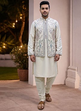 Cream Satin Embroidered Bandi Set With Kurta And Straight Pant For Men