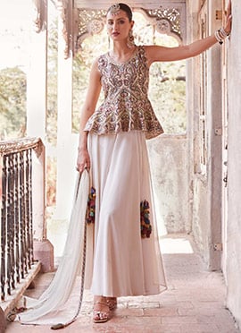 Cream Satin Embroidered Stone Chic Palazzo Suit With Dupatta