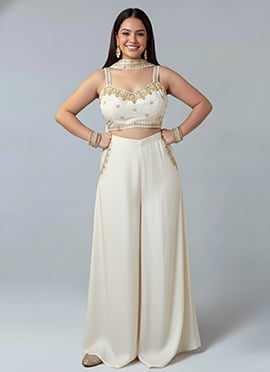Cream Satin Silk Hand Embroidered Beads Sequins Indowestern Palazzo Set