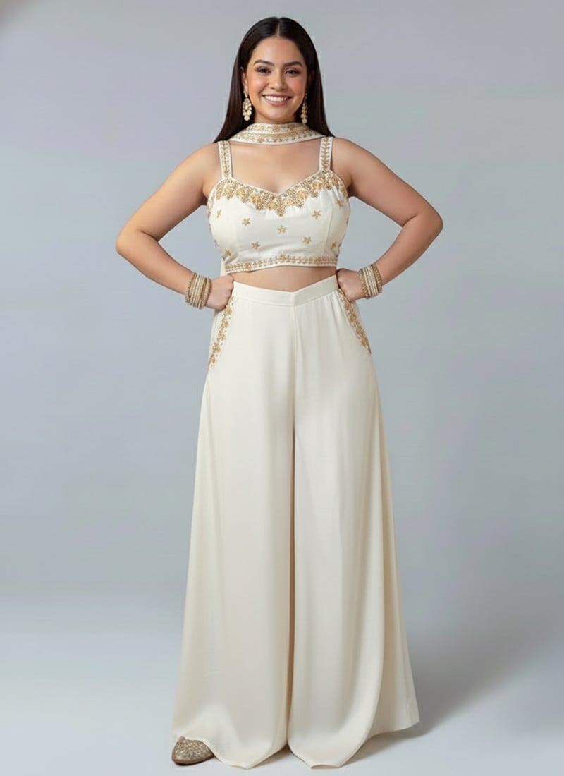 Cream Satin Silk Hand Embroidered Beads Sequins Indowestern Palazzo Set After Six Wear