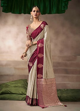 Cream Satin Silk Zari Embroidered Sequins Saree