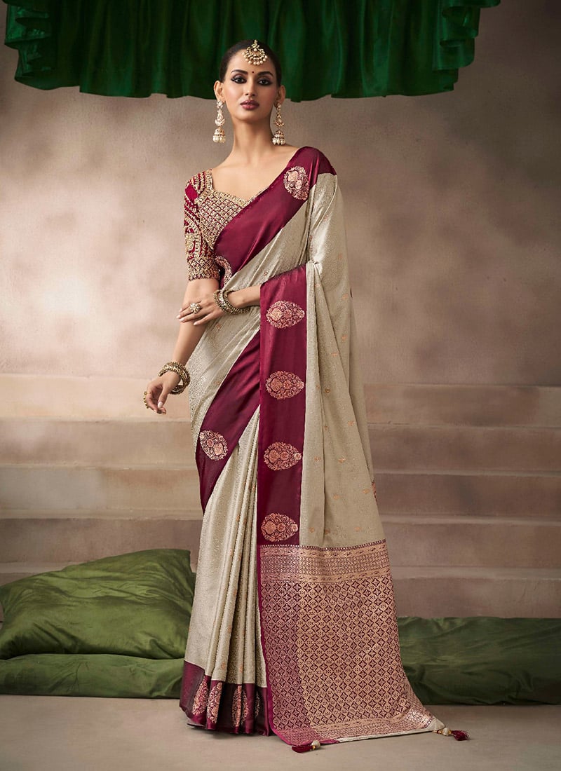 Cream Satin Silk Zari Embroidered Sequins Saree