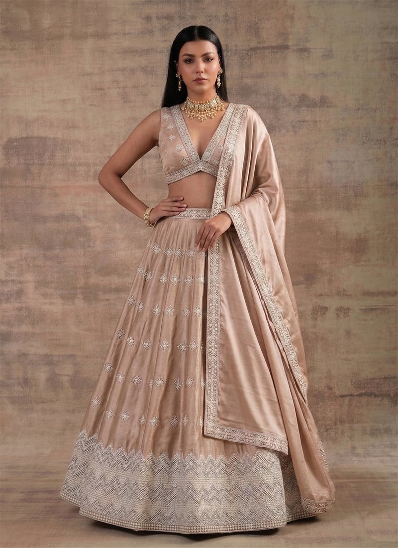 Cream Satin Silk Zari Sequins Lehenga Wedding Wear