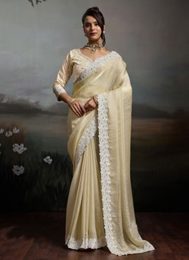 Cream Satin Velvet Silk Zarkan Embroidered With Mirror Work Border Saree