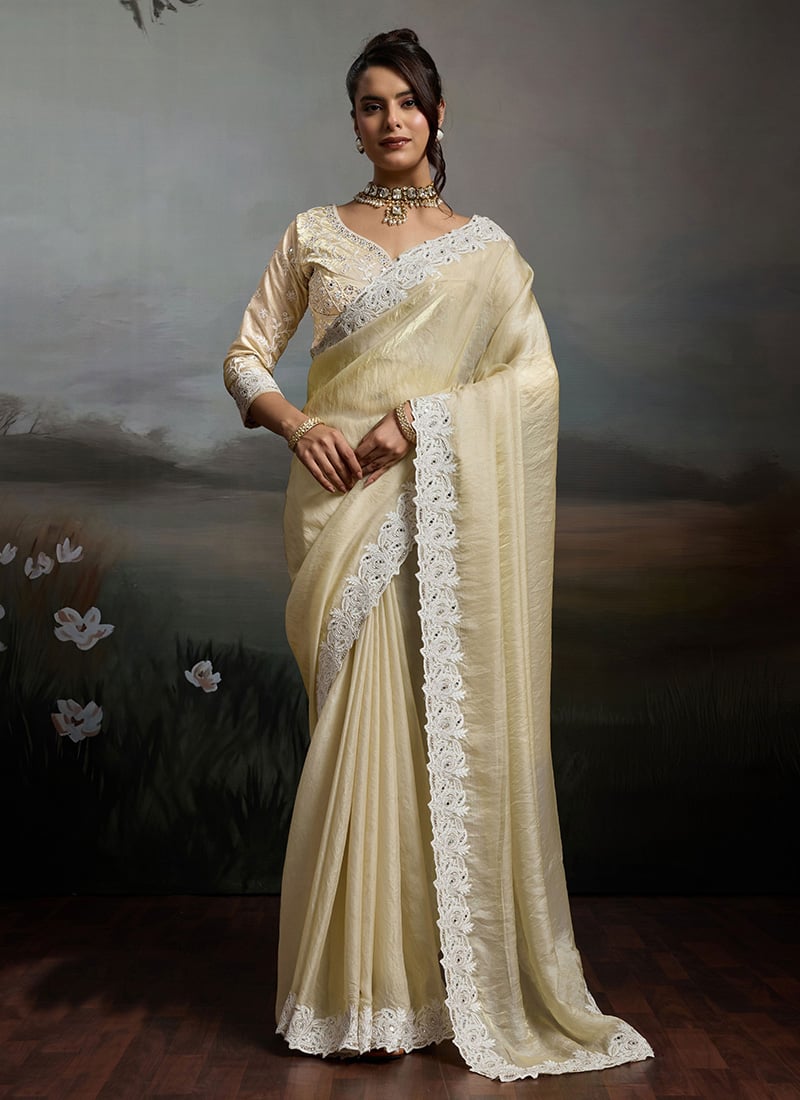 Cream Satin Velvet Silk Zarkan Embroidered With Mirror Work Border Saree After Six Wear