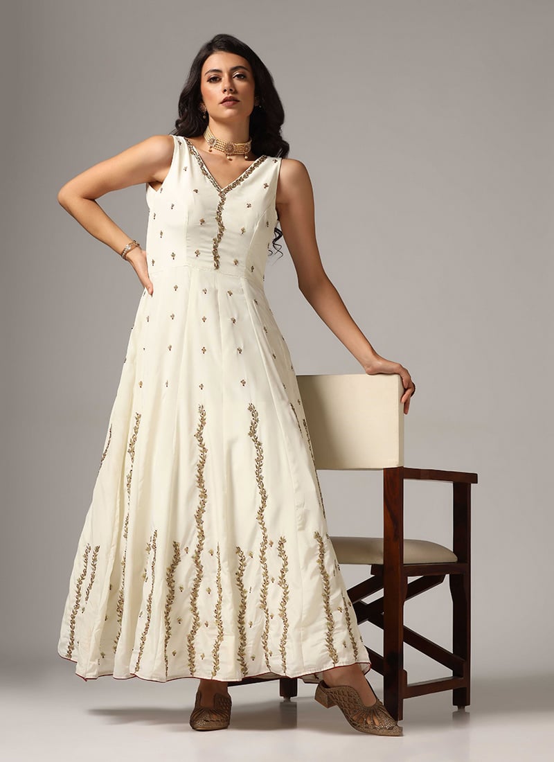 Cream Sequins Cut Dana Work Zari Resham Embossed Pure Crepe Silk Gown