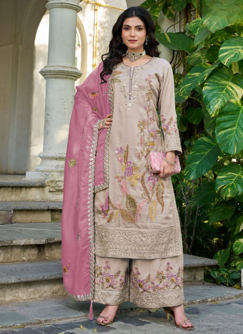 Cream Shimmer Sequins Palazzo Suit Festive Wear