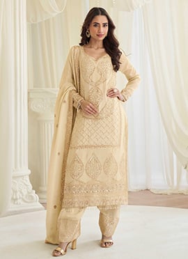 Cream Shimmer Silk Embroidered Sequins With Stone Work Pakistani Straight Pant Suit