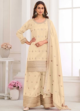 Cream Shimmer Silk Embroidered Sequins Zari Palazzo Suit