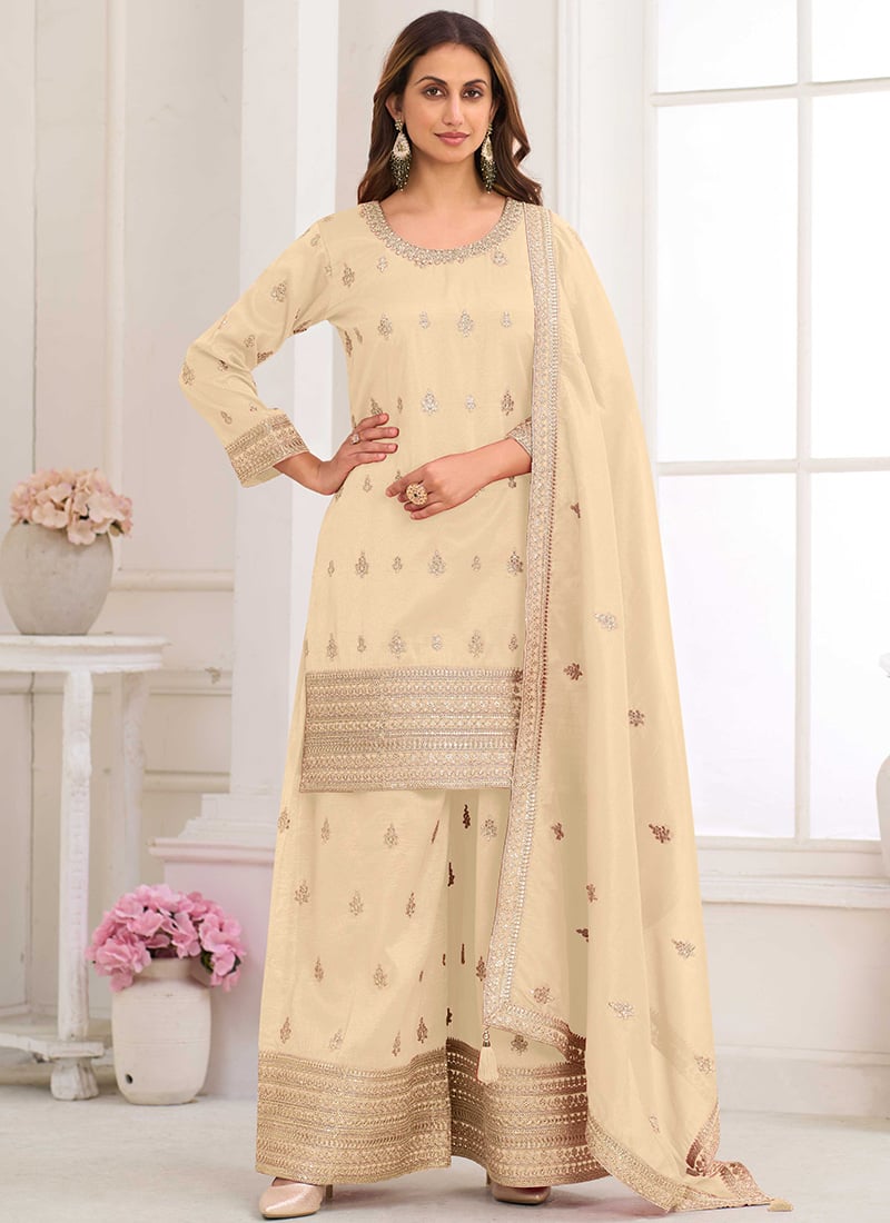 Cream Shimmer Silk Embroidered Sequins Zari Palazzo Suit Festive Wear