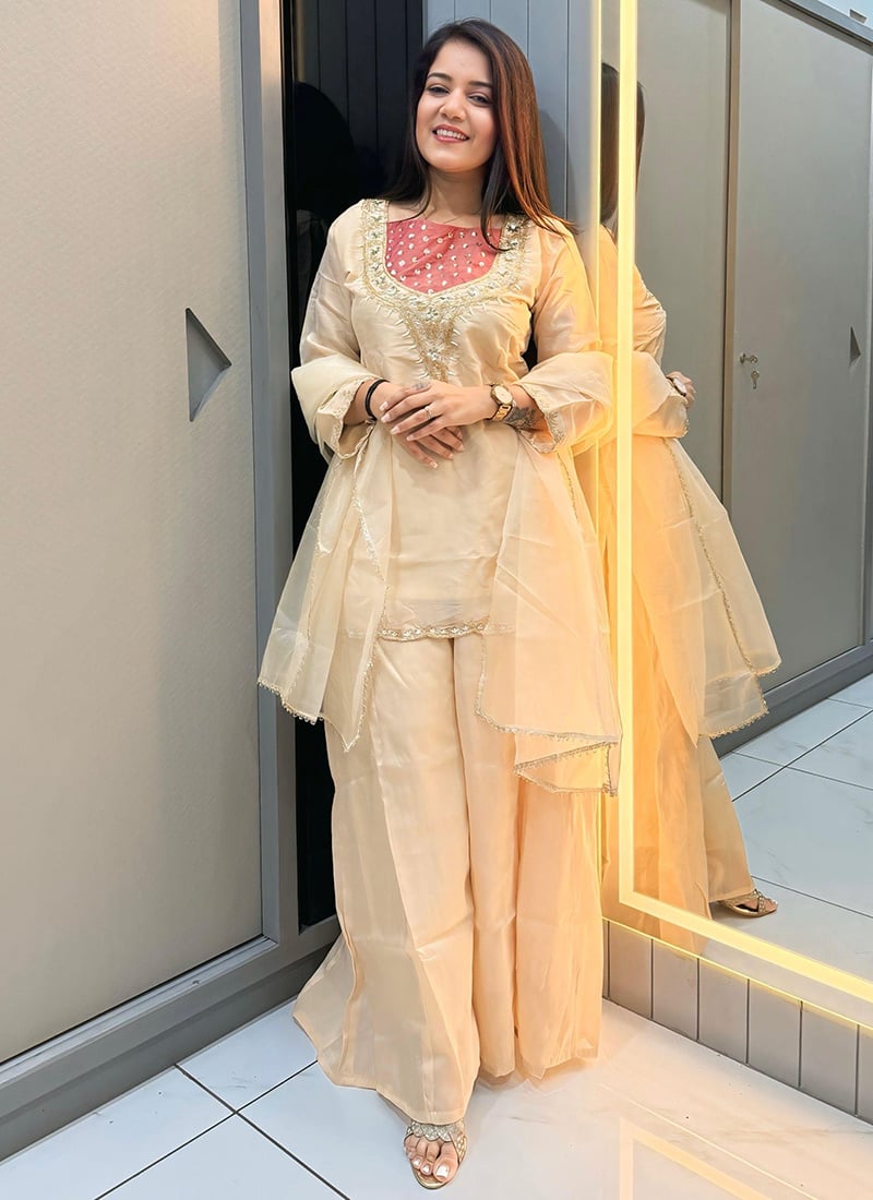 Cream Shimmer Silk Sequins Zardosi Beads Hand Embroidered Palazzo Suit Festive Wear