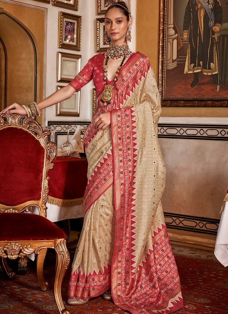 Cream Sigma Silk Digital Patola Print Saree Festive Wear