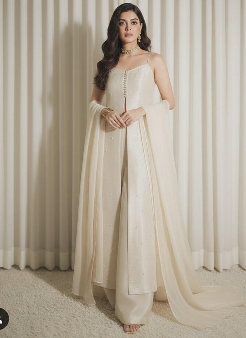 Cream Silk Beads Work High Slit Anarkali Suit After Six Wear