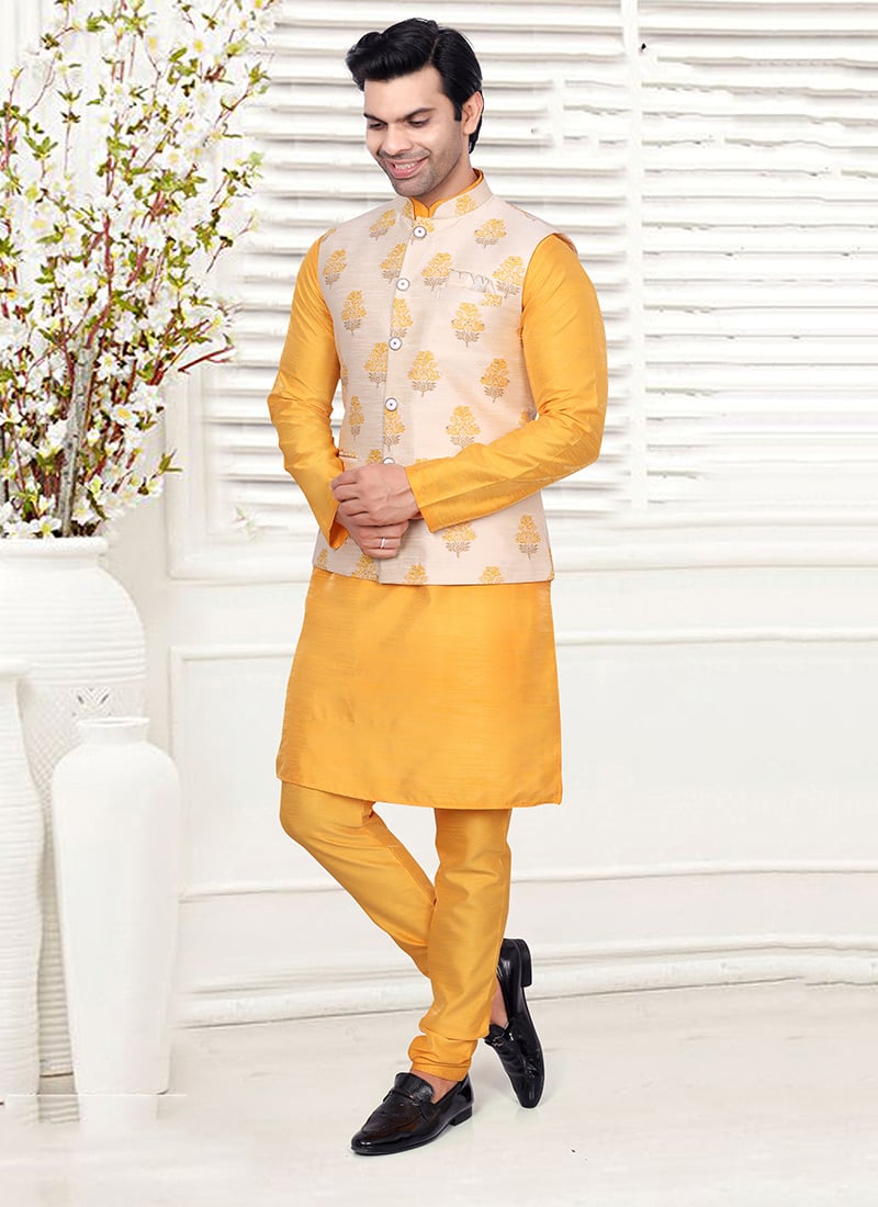 Cream Silk Brocade Bandhgala Jacket