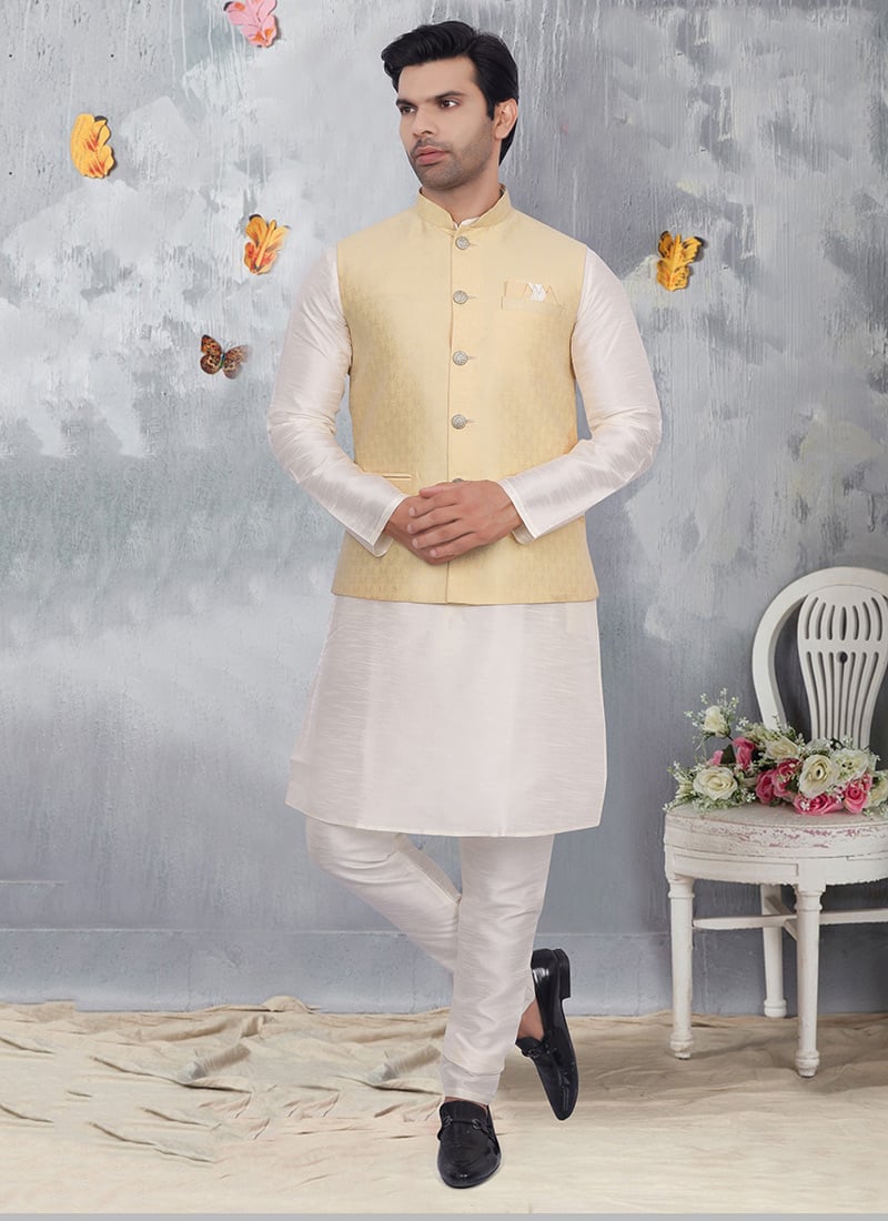 Cream Silk Brocade Bandhgala Jacket