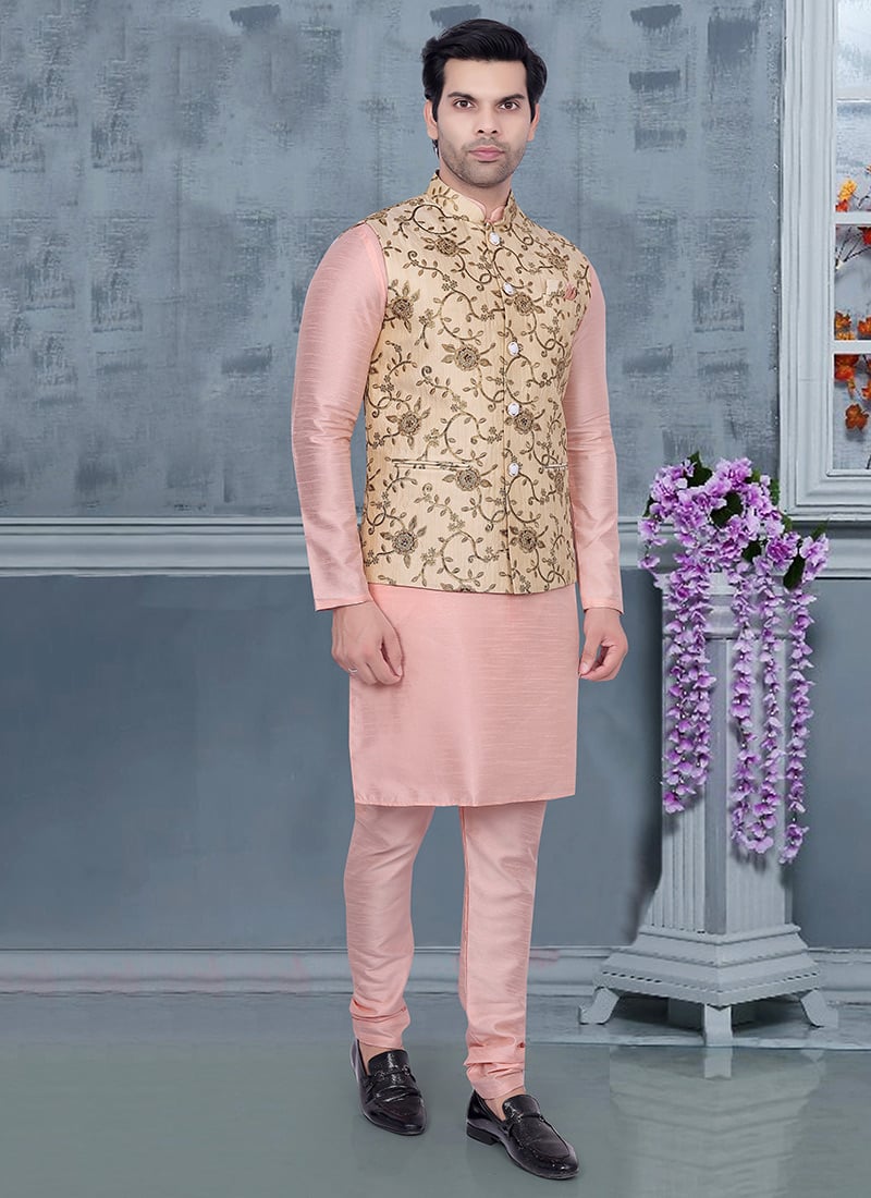 Cream Silk Brocade Bandhgala Jacket