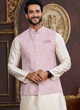 Cream Silk Digital Print Bandhagala Jacket