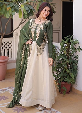 Cream Silk Digital Print Embroidered Sequins Anarkali Suit