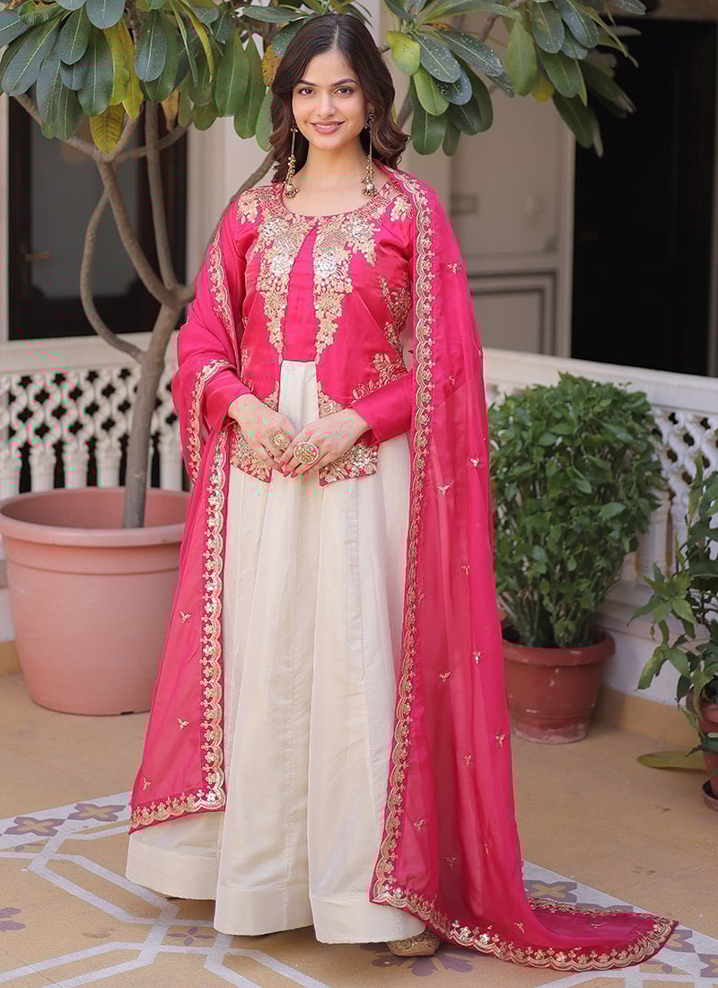 Cream Silk Digital Print Embroidered Sequins Anarkali Suit Festive Wear