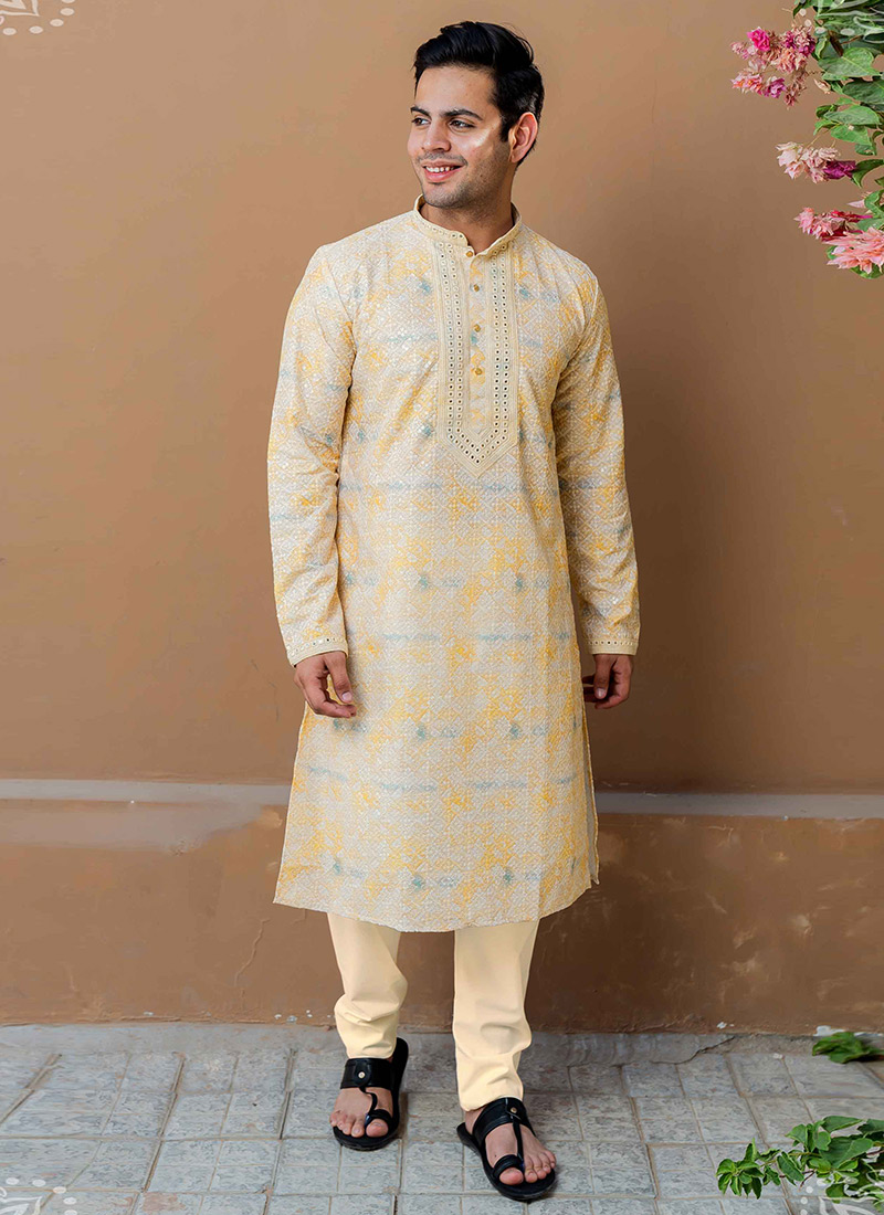 Cream Silk Digital Print Embroidered Sequins Kurta Pyjama Festive Wear