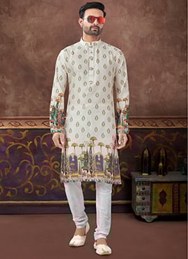 Cream Silk Digital Print Kurta Pyjama