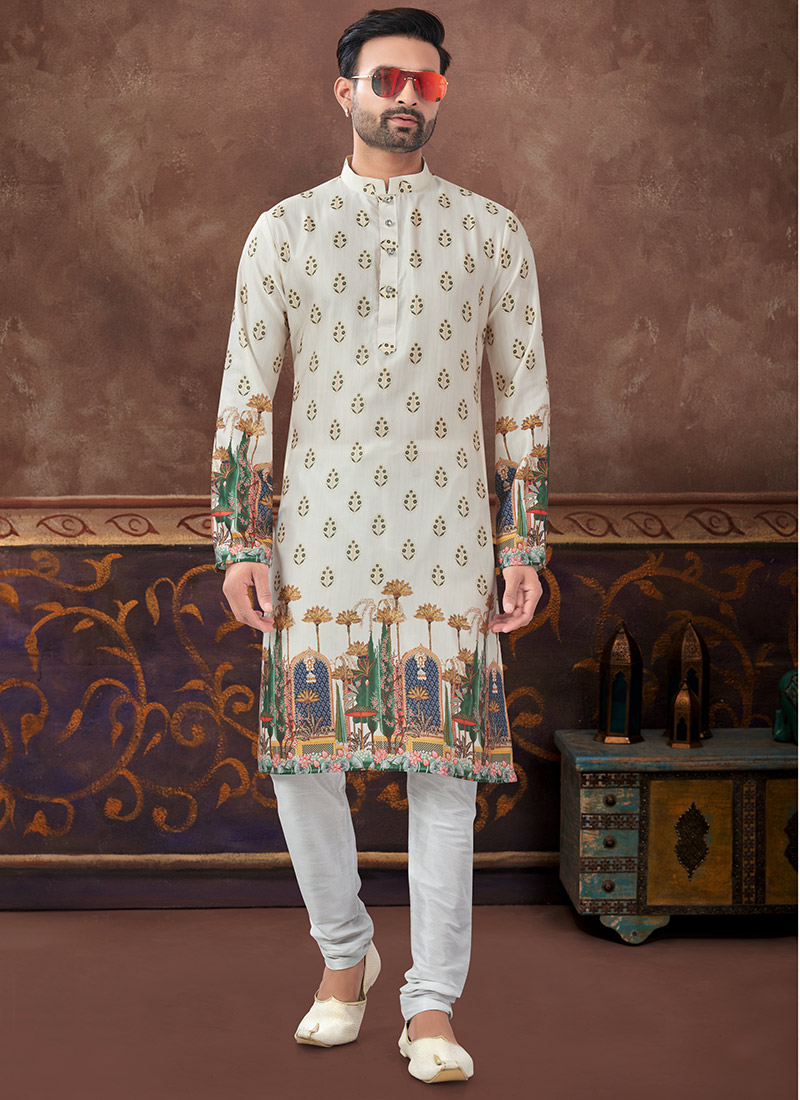 Cream Silk Digital Print Kurta Pyjama Festive Wear
