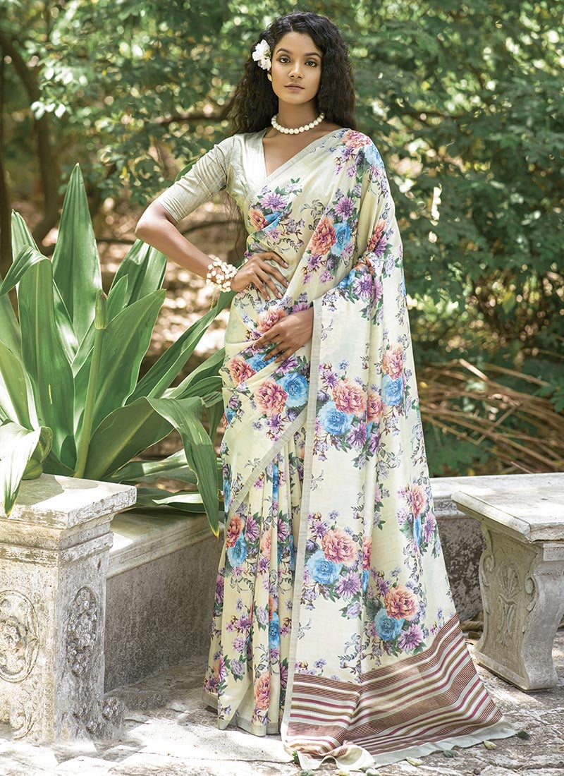 Cream Silk Digital Print Saree After Six Wear-SAMKNS7018