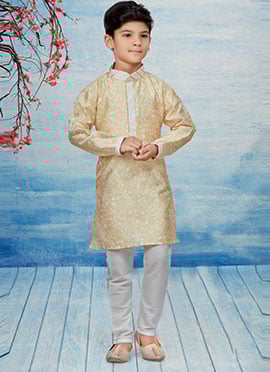 Cream Silk Dupion Printed Kids Kurta Pyjama