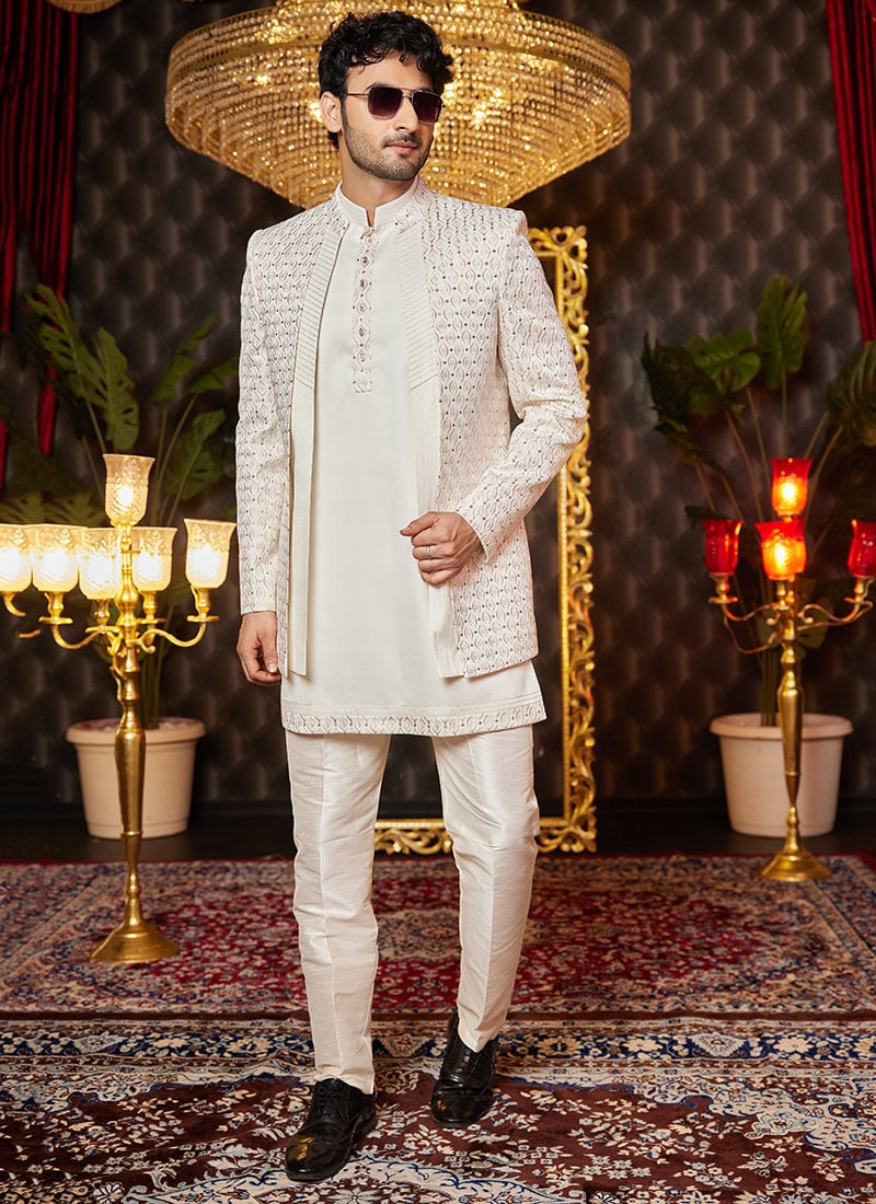 Cream Silk Embroidered And Sequins Thread Indowestern Sherwani