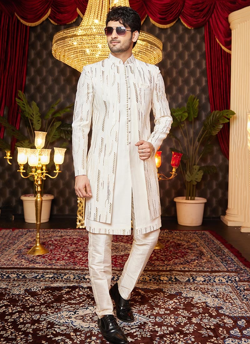 Cream Silk Embroidered And Sequins Thread Indowestern Sherwani Wedding Wear