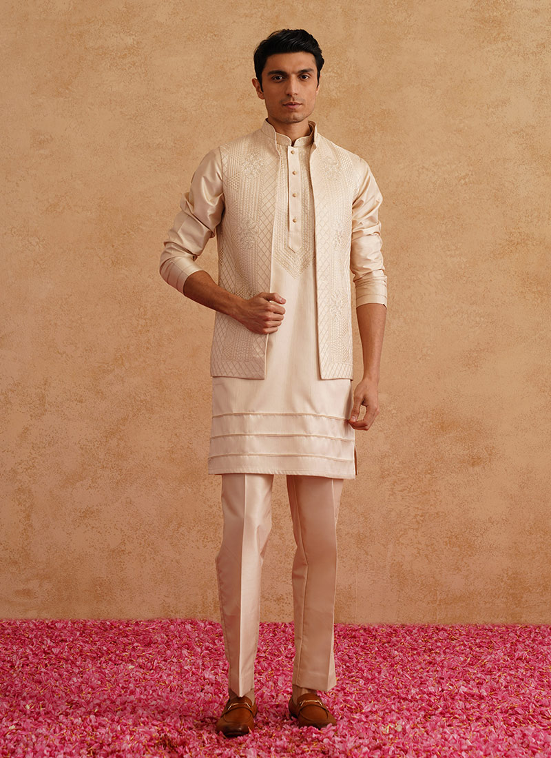 Cream Silk Embroidered Bandi Set Wedding Wear