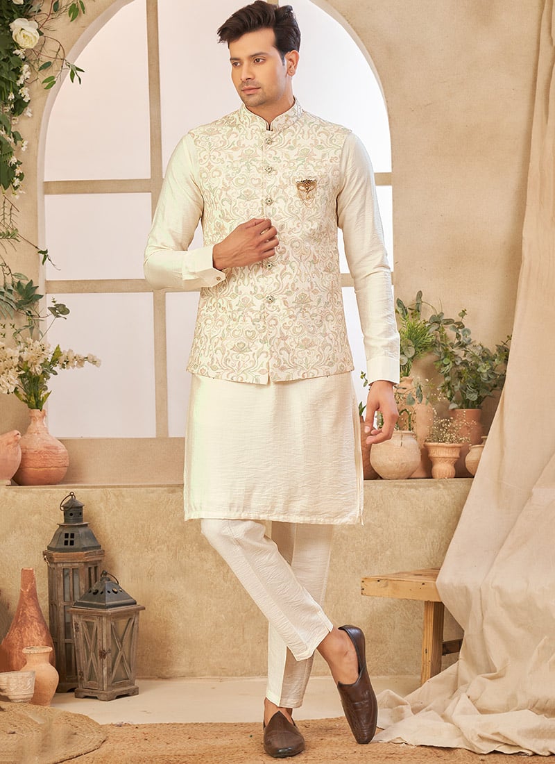 Cream Silk Embroidered Bandi Set