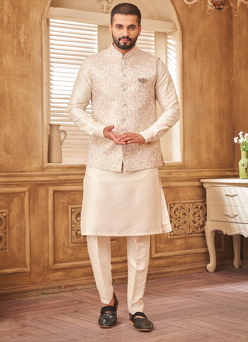 Cream Silk Embroidered Bandi Set Festive Wear
