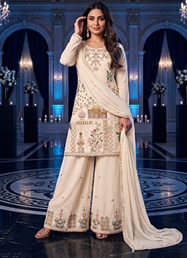 Cream Silk Embroidered Beads Palazzo Suit