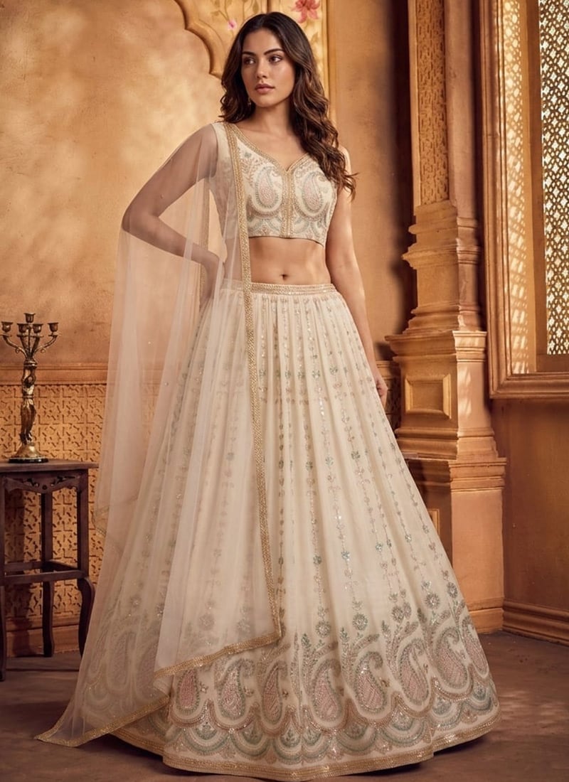 Cream Silk Embroidered Beautiful Lehenga Wedding Wear