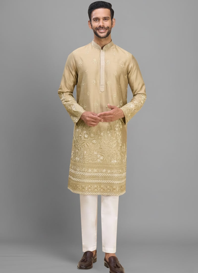 Cream Silk Embroidered Dapper Kurta Pyjama Festive Wear