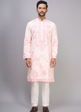 Cream Silk Embroidered Dapper Kurta Pyjama