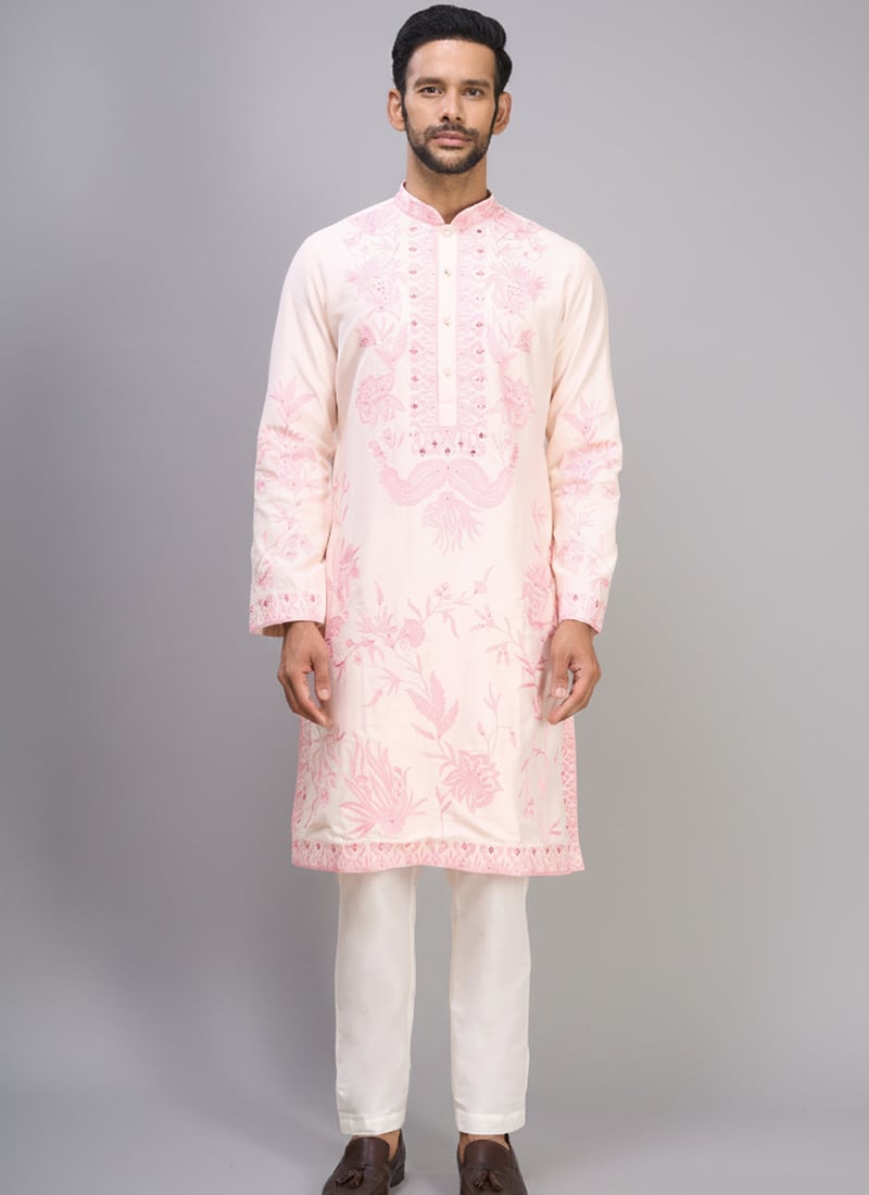 Cream Silk Embroidered Dapper Kurta Pyjama Festive Wear