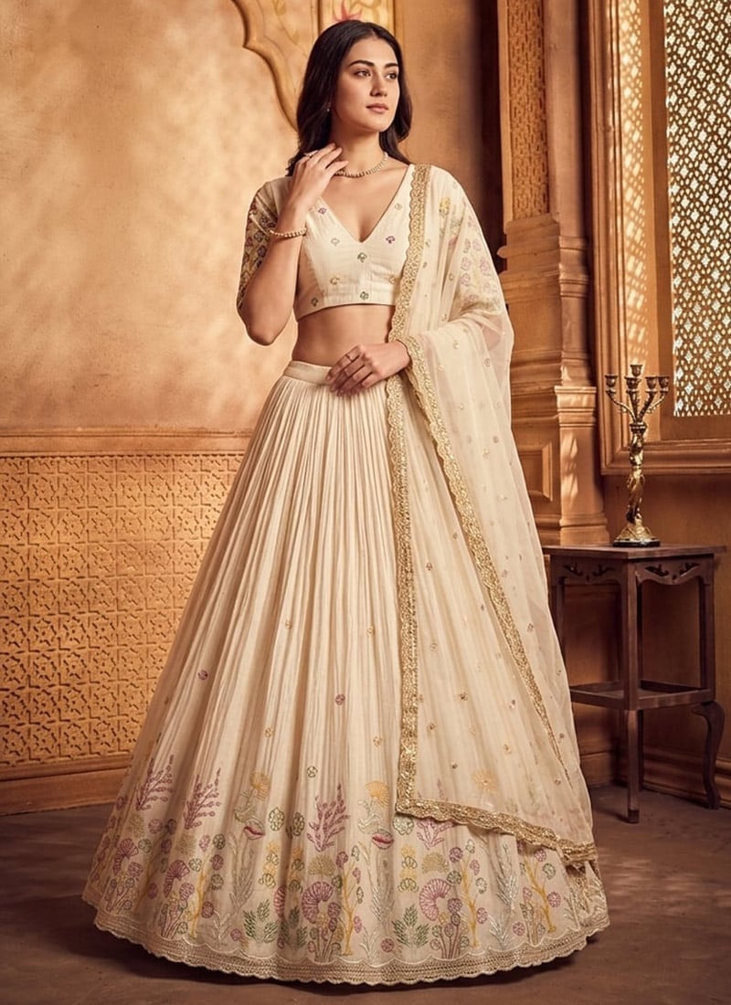 Cream Silk Embroidered Elegant Lehenga Wedding Wear