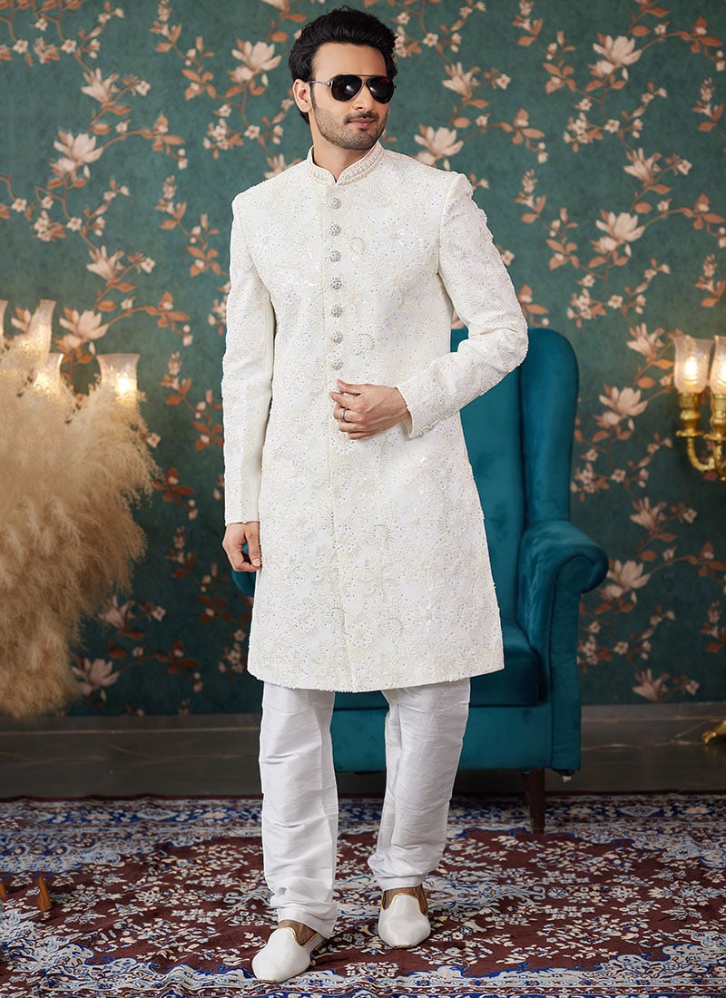 Cream Silk Embroidered Hand Work Classic Sherwani Wedding Wear
