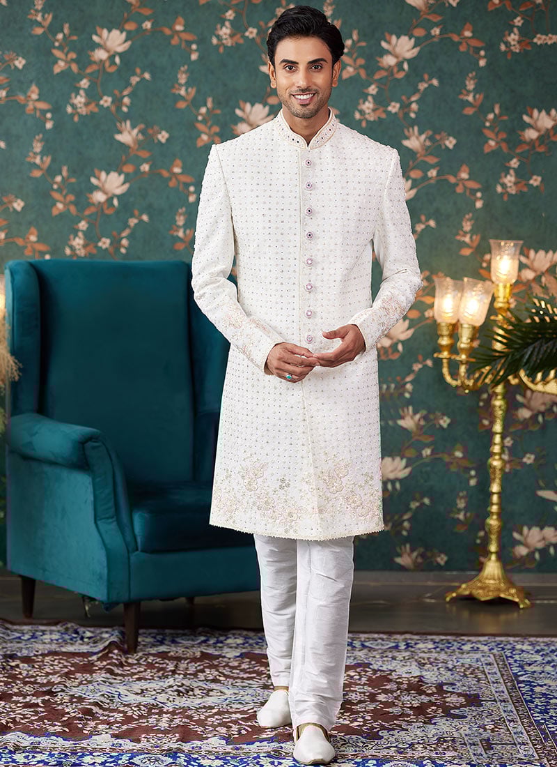 Cream Silk Embroidered Hand Work Classic Sherwani Wedding Wear