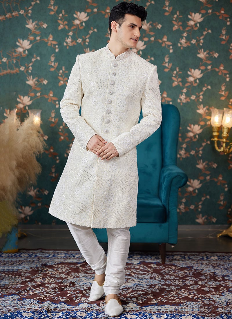 Cream Silk Embroidered Hand Work Classic Sherwani Wedding Wear